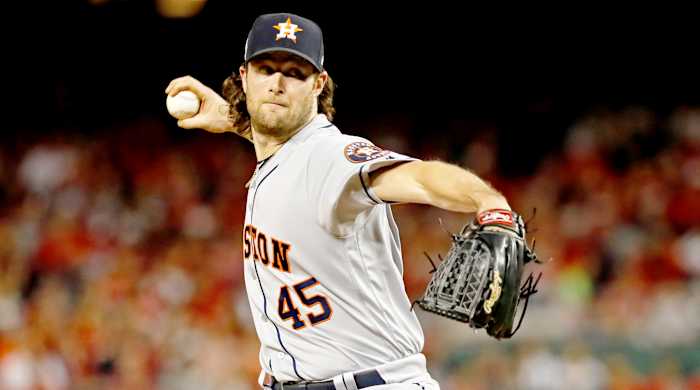 Oct 27, 2019; Washington, DC, USA; Houston Astros starting pitcher Gerrit Cole (45) pitches during the first inning against the Washington Nationals in game five of the 2019 World Series at Nationals Park. Mandatory Credit: Geoff Burke-USA TODAY Sports